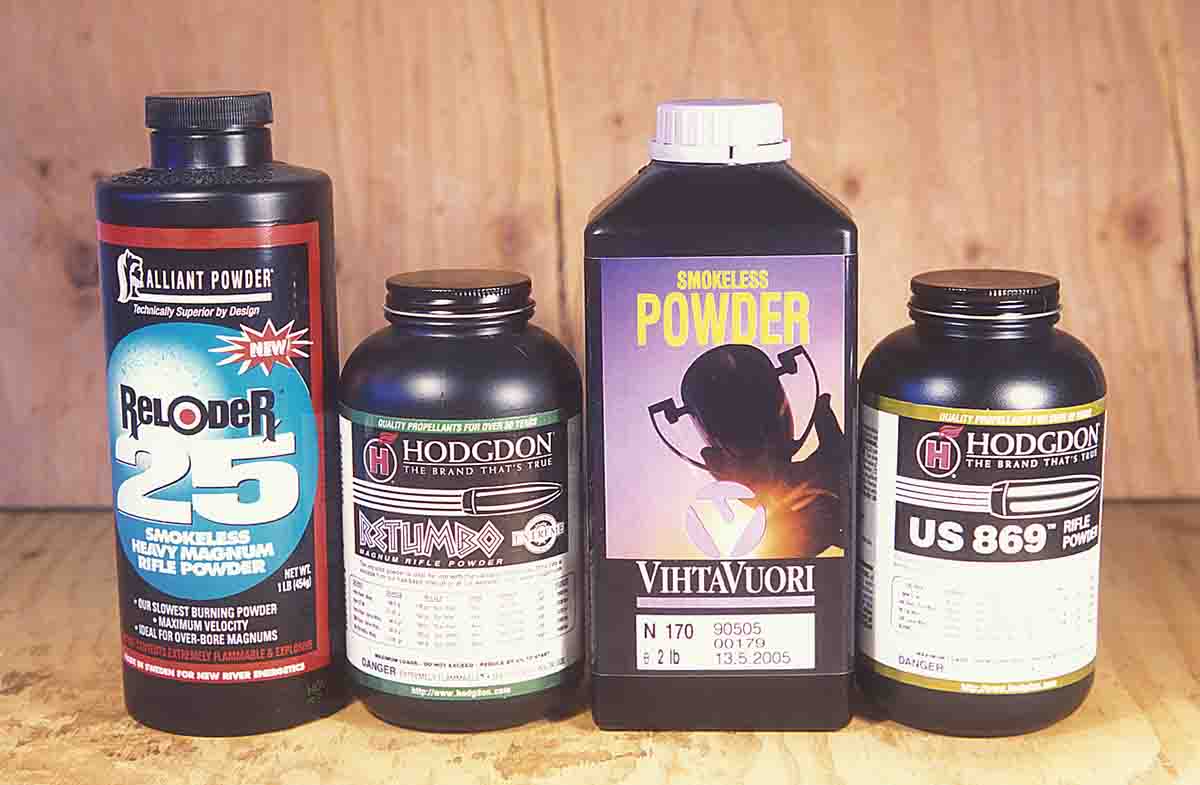 These powders were introduced to improve performance in existing, large-case-capacity cartridges: Reloder 25, Retumbo, VV-N170 and H-869.